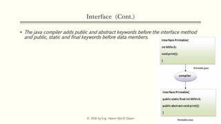 Interface (Cont.)
 The java compiler adds public and abstract keywords before the interface method
and public, static and final keywords before data members.
© 2016 by Eng. Hatem Abd El-Salam
 