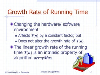 © 2004 Goodrich, Tamassia Analysis of Algorithms 12
Growth Rate of Running Time
Changing the hardware/ software
environment
 Affects T(n) by a constant factor, but
 Does not alter the growth rate of T(n)
The linear growth rate of the running
time T(n) is an intrinsic property of
algorithm arrayMax
 