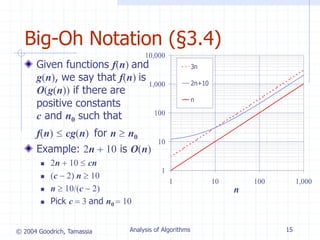 © 2004 Goodrich, Tamassia Analysis of Algorithms 15
Big-Oh Notation (§3.4)
Given functions f(n) and
g(n), we say that f(n) is
O(g(n)) if there are
positive constants
c and n0 such that
f(n)  cg(n) for n  n0
Example: 2n + 10 is O(n)
 2n + 10  cn
 (c  2) n  10
 n  10/(c  2)
 Pick c  3 and n0  10
1
10
100
1,000
10,000
1 10 100 1,000
n
3n
2n+10
n
 