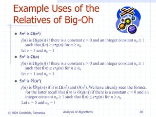 © 2004 Goodrich, Tamassia Analysis of Algorithms 28
Example Uses of the
Relatives of Big-Oh
f(n) is (g(n)) if it is (n2) and O(n2). We have already seen the former,
for the latter recall that f(n) is O(g(n)) if there is a constant c > 0 and an
integer constant n0  1 such that f(n) < c•g(n) for n  n0
Let c = 5 and n0 = 1
 5n2 is (n2)
f(n) is (g(n)) if there is a constant c > 0 and an integer constant n0  1
such that f(n)  c•g(n) for n  n0
let c = 1 and n0 = 1
 5n2 is (n)
f(n) is (g(n)) if there is a constant c > 0 and an integer constant n0  1
such that f(n)  c•g(n) for n  n0
let c = 5 and n0 = 1
 5n2 is (n2)
 