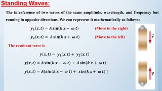 Standing Waves:
The interference of two waves of the same amplitude, wavelength, and frequency but
running in opposite directions. We can represent it mathematically as follows:
𝒚𝟏 𝒙, 𝒕 = 𝑨 𝐬𝐢𝐧 𝒌 𝒙 − 𝝎 𝒕 (Move to the right)
𝒚𝟐 𝒙, 𝒕 = 𝑨 𝐬𝐢𝐧 𝒌 𝒙 + 𝝎 𝒕 (Move to the left)
The resultant wave is
𝒚 𝒙, 𝒕 = 𝒚𝟏 𝒙, 𝒕 + 𝒚𝟐 𝒙, 𝒕
𝒚 𝒙, 𝒕 = 𝑨 𝐬𝐢𝐧 𝒌 𝒙 − 𝝎 𝒕 + 𝑨 𝐬𝐢𝐧 𝒌 𝒙 + 𝝎 𝒕
𝒚 𝒙, 𝒕 = 𝑨 𝒔𝒊𝒏 𝒌 𝒙 − 𝝎 𝒕 + 𝒔𝒊𝒏(𝒌 𝒙 + 𝝎 𝒕)
 