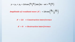 𝑨𝒎𝒑𝒍𝒊𝒕𝒖𝒅𝒆 𝒐𝒇 𝒓𝒆𝒔𝒖𝒍𝒕𝒂𝒏𝒕 𝒘𝒂𝒗𝒆 (𝑨∗
) = 𝟐𝑨 𝐜𝐨𝐬
𝝓𝟏 − 𝝓𝟐
𝟐
𝑨∗ = 𝟐𝑨 ⇒ 𝑪𝒐𝒏𝒔𝒕𝒓𝒖𝒄𝒕𝒊𝒗𝒆 𝒊𝒏𝒕𝒆𝒓𝒇𝒆𝒓𝒆𝒏𝒄𝒆
𝑨∗ = 𝟎 ⇒ 𝑫𝒆𝒔𝒕𝒓𝒖𝒄𝒕𝒊𝒗𝒆 𝒊𝒏𝒕𝒆𝒓𝒇𝒆𝒓𝒆𝒏𝒄𝒆
𝒚 = 𝒚𝟏 + 𝒚𝟐 = 𝟐𝑨 𝐜𝐨𝐬
𝝓𝟏−𝝓𝟐
𝟐
𝐬𝐢𝐧 𝒌𝒙 − 𝒘𝒕 +
𝝓𝟏+𝝓𝟐
𝟐
 
