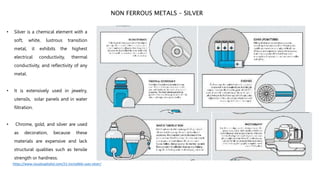 • Silver is a chemical element with a
soft, white, lustrous transition
metal, it exhibits the highest
electrical conductivity, thermal
conductivity, and reflectivity of any
metal.
• It is extensively used in jewelry,
utensils, solar panels and in water
filtration.
• Chrome, gold, and silver are used
as decoration, because these
materials are expensive and lack
structural qualities such as tensile
strength or hardness.
NON FERROUS METALS – SILVER
https://www.visualcapitalist.com/21-incredible-uses-silver/
 