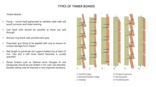 TYPES OF TIMBER BOARDS
Timber Boards :
• Fixing ~ round head galvanized or stainless steel nails will
avoid corrosion and metal staining.
• Lost head nails should be avoided as these can pull
through.
• Annular ring shank nails provide extra grip.
• Pneumatic gun fixing to be applied with care to ensure no
surface damage from impact.
• Nail length to penetrate the support battens by at least 22
mm. Two and a half times board thickness is usually
specified.
• Dense timbers such as Siberian larch, Douglas fir and
hardwoods should be pre-drilled 2 mm over nail diameter.
Double nailing may be required in very exposed situations.
 