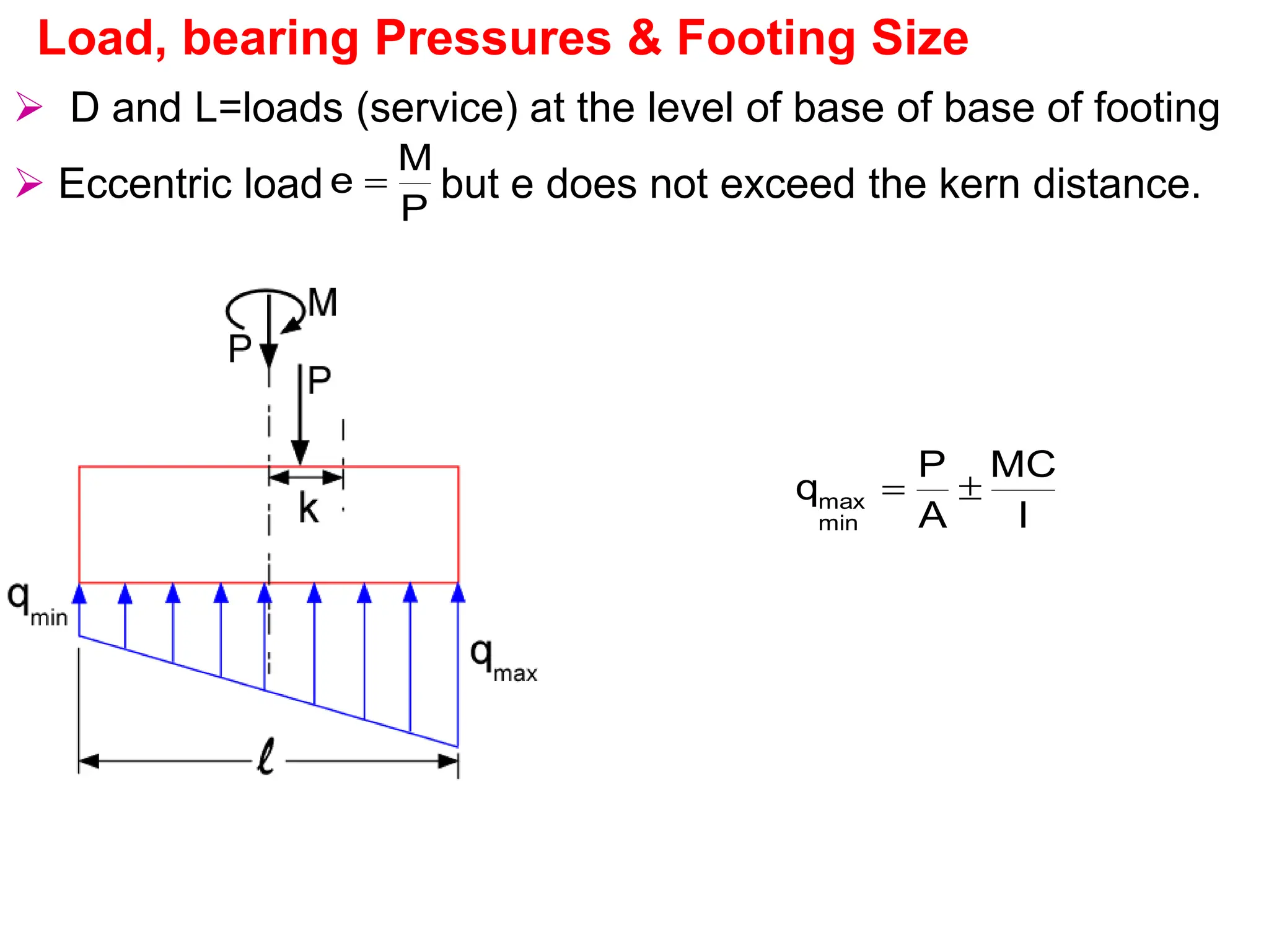 Load, bearing Pressures & Footing Size
 D and L=loads (service) at the level of base of base of footing
 Eccentric load but e does not exceed the kern distance.
I
MC
A
P
q
min
max 

P
M
e 
 