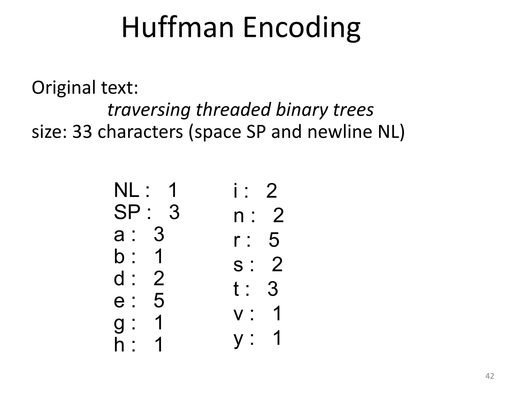 Huffman Encoding
Original text:
traversing threaded binary trees
size: 33 characters (space SP and newline NL)
NL : 1
SP : 3
a : 3
b : 1
d : 2
e : 5
g : 1
h : 1
i : 2
n : 2
r : 5
s : 2
t : 3
v : 1
y : 1
42
 