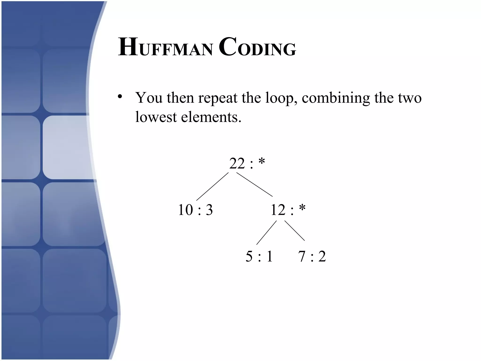 • You then repeat the loop, combining the two
lowest elements.
22 : *
10 : 3 12 : *
5 : 1 7 : 2
HUFFMAN CODING
 