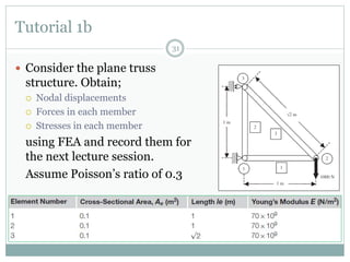 Tutorial 1b
31
 Consider the plane truss
structure. Obtain;
 Nodal displacements
 Forces in each member
 Stresses in each member
using FEA and record them for
the next lecture session.
Assume Poisson’s ratio of 0.3
 
