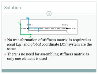 Solution
35
 No transformation of stiffness matrix is required as
local (xy) and global coordinate (XY) system are the
same
 There is no need for assembling stiffness matrix as
only one element is used
x
y
X
Y
 