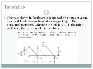 Tutorial 2b
68
 The truss shown in the figure is supported by a hinge at A and
a cable at D which is inclined at an angle of 45◦ to the
horizontal members. Calculate the tension, T, in the cable
and hence the forces in all the members.
 