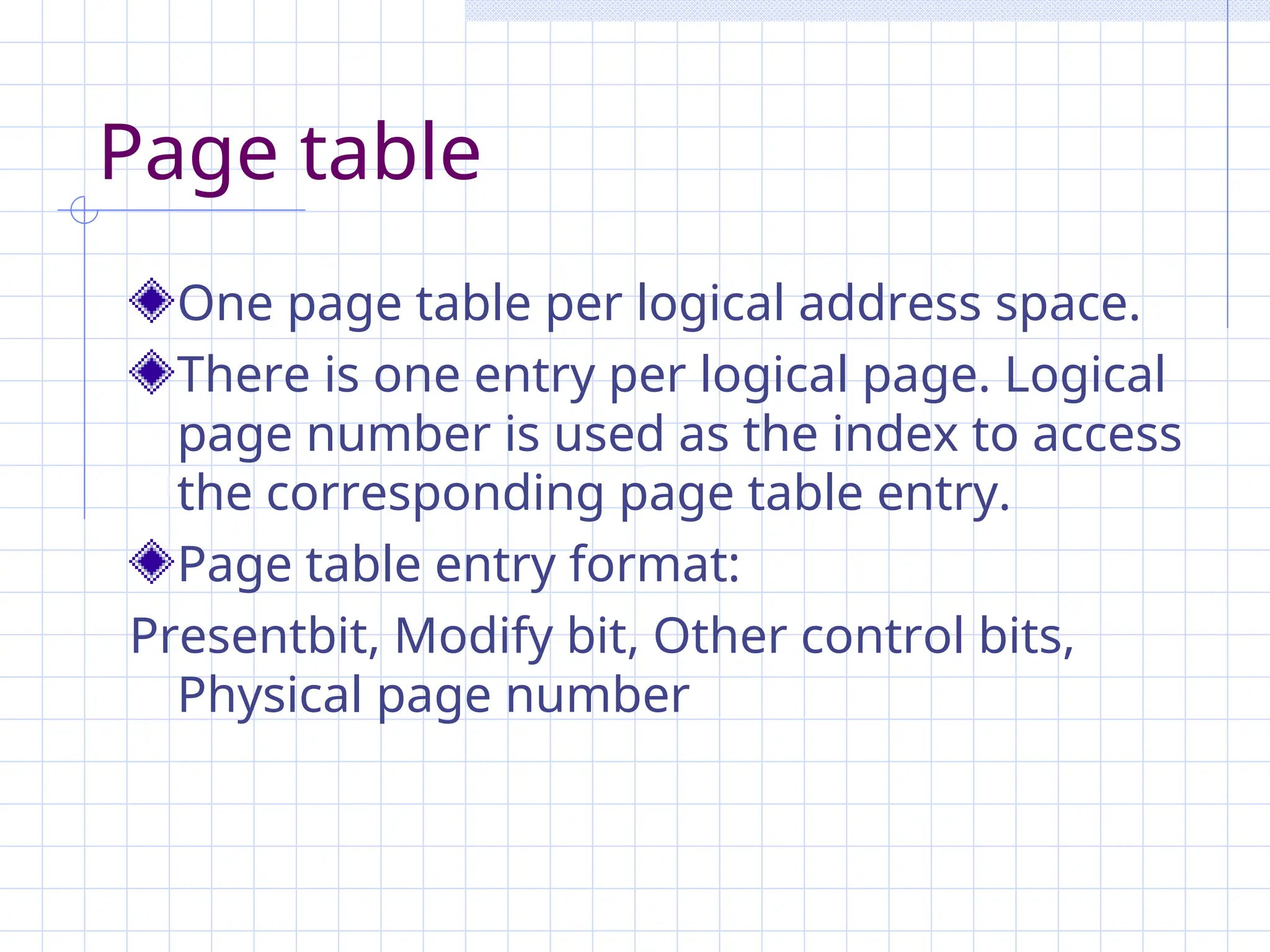 Page table
One page table per logical address space.
There is one entry per logical page. Logical
page number is used as the index to access
the corresponding page table entry.
Page table entry format:
Presentbit, Modify bit, Other control bits,
Physical page number
 