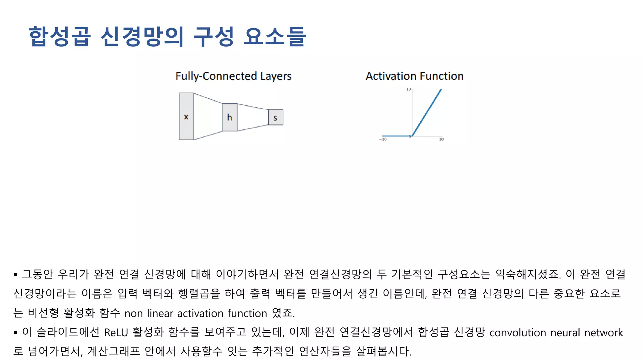 ▪ 그동안 우리가 완전 연결 신경망에 대해 이야기하면서 완전 연결신경망의 두 기본적인 구성요소는 익숙해지셨죠. 이 완전 연결
신경망이라는 이름은 입력 벡터와 행렬곱을 하여 출력 벡터를 만들어서 생긴 이름인데, 완전 연결 신경망의 다른 중요한 요소로
는 비선형 활성화 함수 non linear activation function 였죠.
▪ 이 슬라이드에선 ReLU 활성화 함수를 보여주고 있는데, 이제 완전 연결신경망에서 합성곱 신경망 convolution neural network
로 넘어가면서, 계산그래프 안에서 사용할수 잇는 추가적인 연산자들을 살펴봅시다.
합성곱 신경망의 구성 요소들
 