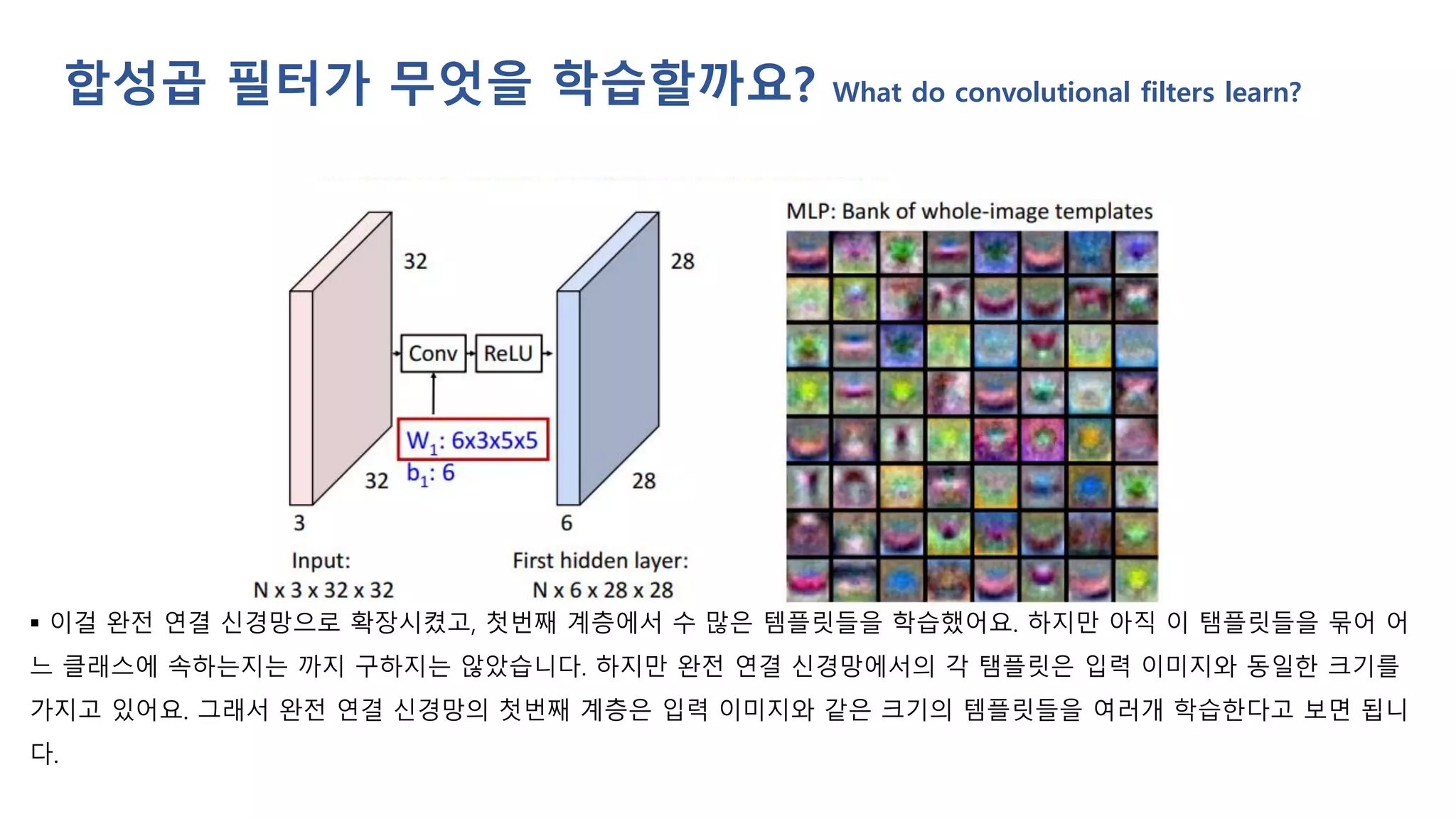 ▪ 이걸 완전 연결 신경망으로 확장시켰고, 첫번째 계층에서 수 많은 템플릿들을 학습했어요. 하지만 아직 이 탬플릿들을 묶어 어
느 클래스에 속하는지는 까지 구하지는 않았습니다. 하지만 완전 연결 신경망에서의 각 탬플릿은 입력 이미지와 동일한 크기를
가지고 있어요. 그래서 완전 연결 신경망의 첫번째 계층은 입력 이미지와 같은 크기의 템플릿들을 여러개 학습한다고 보면 됩니
다.
합성곱 필터가 무엇을 학습할까요? What do convolutional filters learn?
 