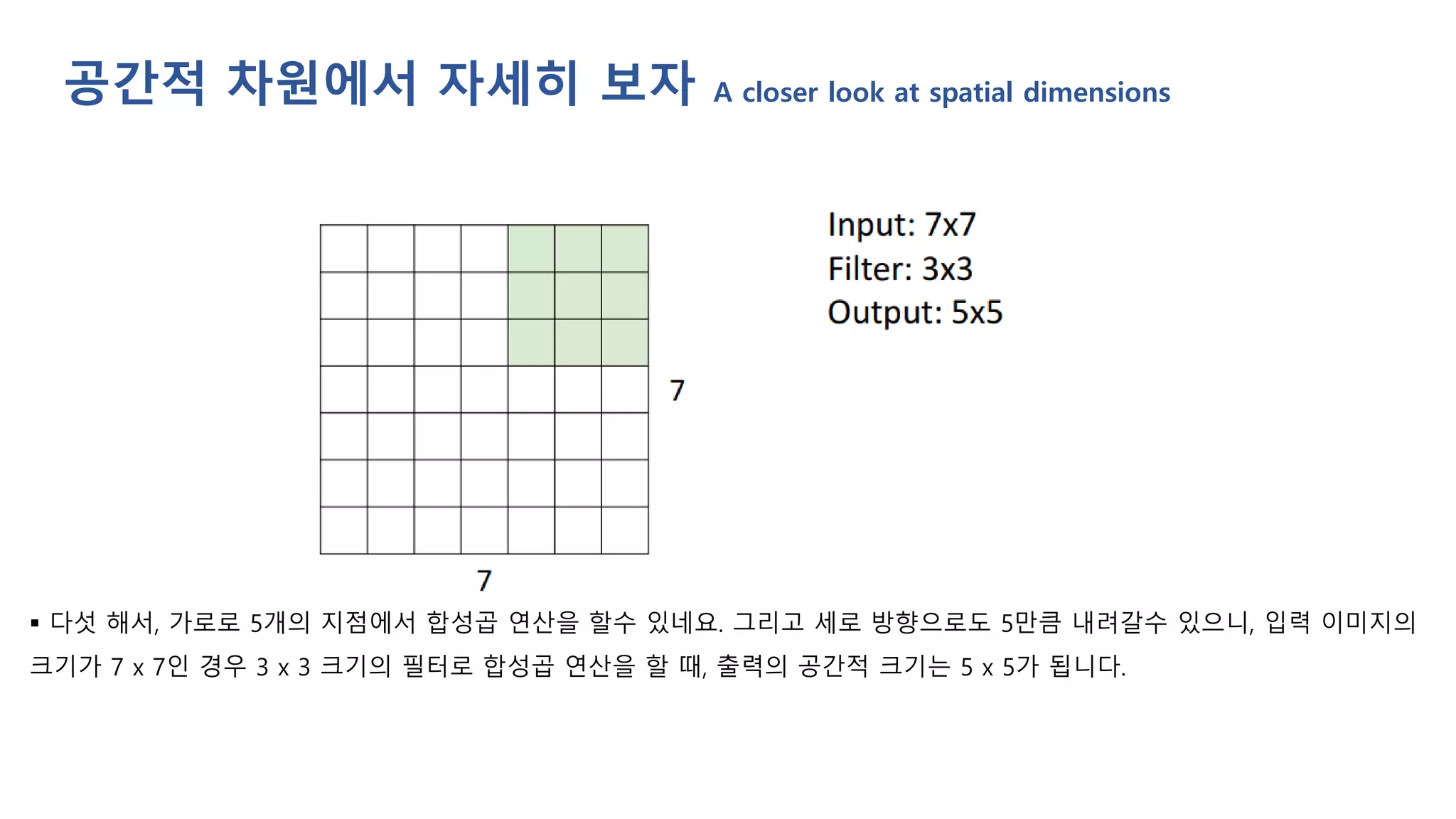 ▪ 다섯 해서, 가로로 5개의 지점에서 합성곱 연산을 할수 있네요. 그리고 세로 방향으로도 5만큼 내려갈수 있으니, 입력 이미지의
크기가 7 x 7인 경우 3 x 3 크기의 필터로 합성곱 연산을 할 때, 출력의 공간적 크기는 5 x 5가 됩니다.
공간적 차원에서 자세히 보자 A closer look at spatial dimensions
 