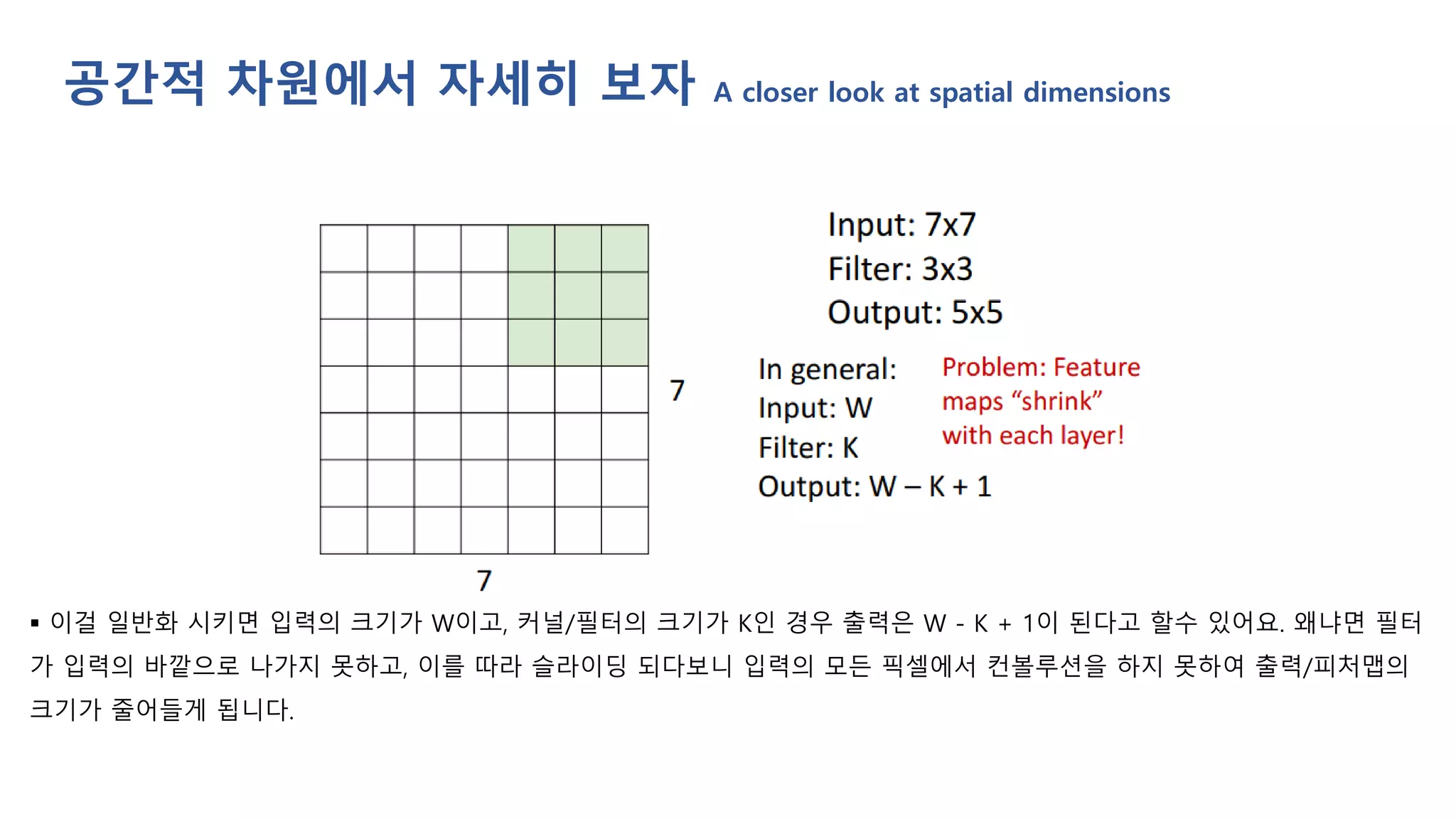 ▪ 이걸 일반화 시키면 입력의 크기가 W이고, 커널/필터의 크기가 K인 경우 출력은 W - K + 1이 된다고 할수 있어요. 왜냐면 필터
가 입력의 바깥으로 나가지 못하고, 이를 따라 슬라이딩 되다보니 입력의 모든 픽셀에서 컨볼루션을 하지 못하여 출력/피처맵의
크기가 줄어들게 됩니다.
공간적 차원에서 자세히 보자 A closer look at spatial dimensions
 
