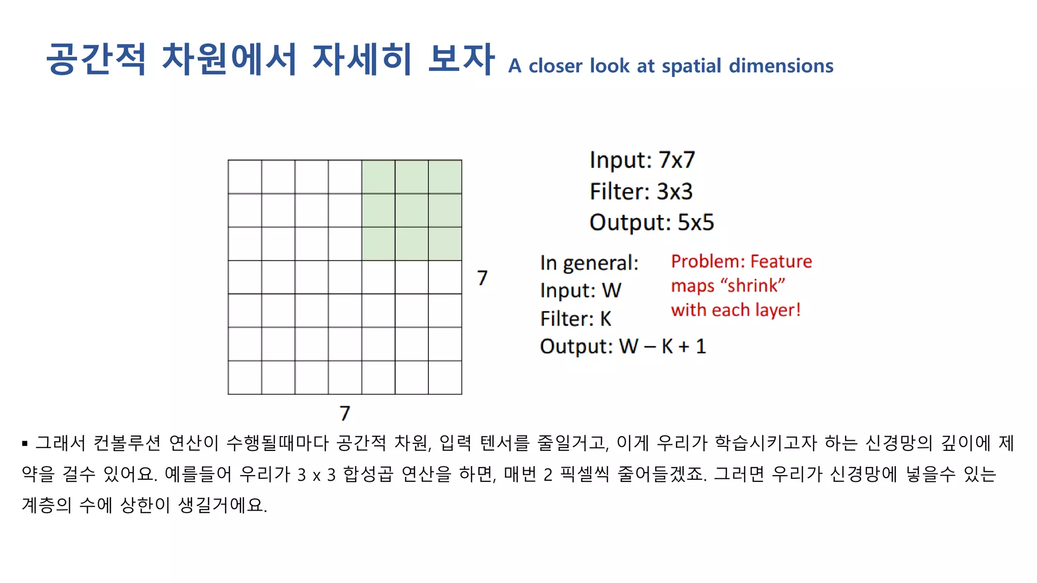 ▪ 그래서 컨볼루션 연산이 수행될때마다 공간적 차원, 입력 텐서를 줄일거고, 이게 우리가 학습시키고자 하는 신경망의 깊이에 제
약을 걸수 있어요. 예를들어 우리가 3 x 3 합성곱 연산을 하면, 매번 2 픽셀씩 줄어들겠죠. 그러면 우리가 신경망에 넣을수 있는
계층의 수에 상한이 생길거에요.
공간적 차원에서 자세히 보자 A closer look at spatial dimensions
 