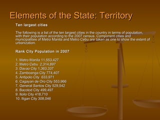 Elements of the State: Territory
 Ten largest cities

 The following is a list of the ten largest cities in the country in terms of population,
 with their population according to the 2007 census. Component cities and
 municipalities of Metro Manila and Metro Cebu are taken as one to show the extent of
 urbanization.

 Rank City Population in 2007 

 1. Metro Manila 11,553,427
 2. Metro Cebu 2,314,897
 3. Davao City 1,363,337
 4. Zamboanga City 774,407
 5. Antipolo City 633,971
 6. Cagayan de Oro City 553,966
 7. General Santos City 529,542
 8. Bacolod City 499,497
 9. Iloilo City 418,710
 10. Iligan City 308,046
 