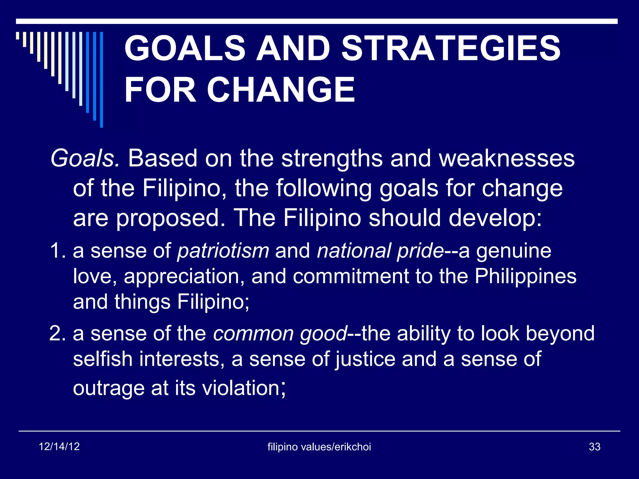 GOALS AND STRATEGIES
           FOR CHANGE
  Goals. Based on the strengths and weaknesses
   of the Filipino, the following goals for change
   are proposed. The Filipino should develop:
  1. a sense of patriotism and national pride--a genuine
     love, appreciation, and commitment to the Philippines
     and things Filipino;
  2. a sense of the common good--the ability to look beyond
     selfish interests, a sense of justice and a sense of
     outrage at its violation;

12/14/12                filipino values/erikchoi          33
 