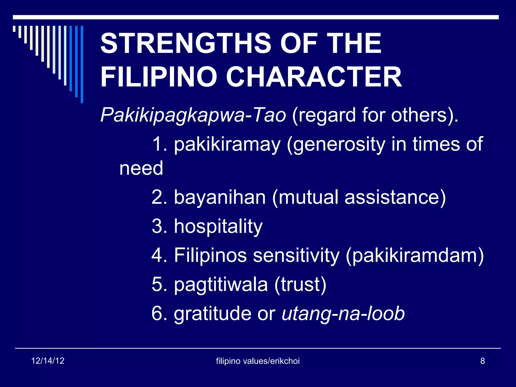 STRENGTHS OF THE
           FILIPINO CHARACTER
           Pakikipagkapwa-Tao (regard for others).
                 1. pakikiramay (generosity in times of
             need
                 2. bayanihan (mutual assistance)
                 3. hospitality
                 4. Filipinos sensitivity (pakikiramdam)
                 5. pagtitiwala (trust)
                 6. gratitude or utang-na-loob

12/14/12                filipino values/erikchoi       8
 