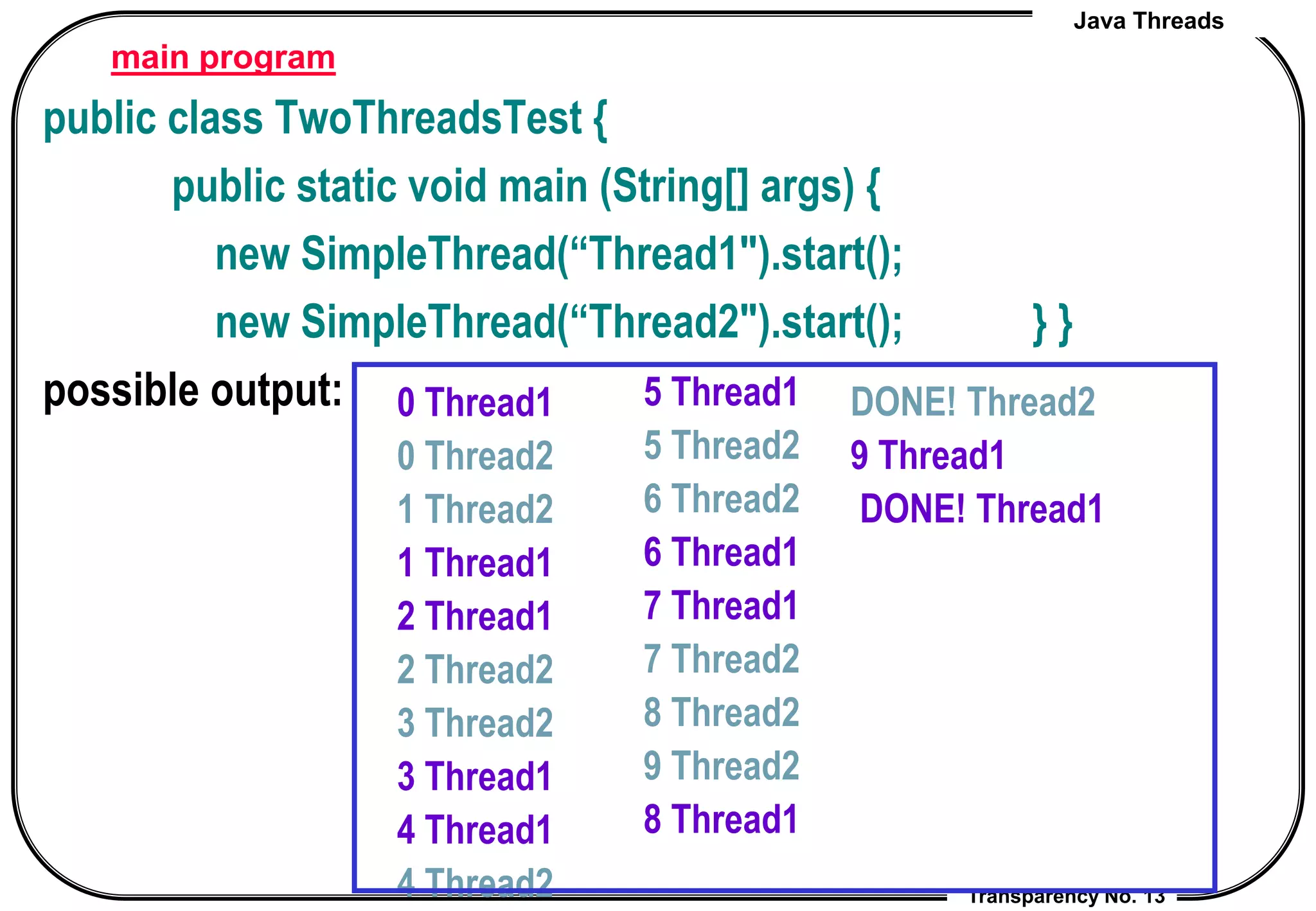 Java Threads
Transparency No. 13
main program
public class TwoThreadsTest {
public static void main (String[] args) {
new SimpleThread(“Thread1").start();
new SimpleThread(“Thread2").start(); } }
possible output: DONE! Thread2
9 Thread1
DONE! Thread1
5 Thread1
5 Thread2
6 Thread2
6 Thread1
7 Thread1
7 Thread2
8 Thread2
9 Thread2
8 Thread1
0 Thread1
0 Thread2
1 Thread2
1 Thread1
2 Thread1
2 Thread2
3 Thread2
3 Thread1
4 Thread1
4 Thread2
 