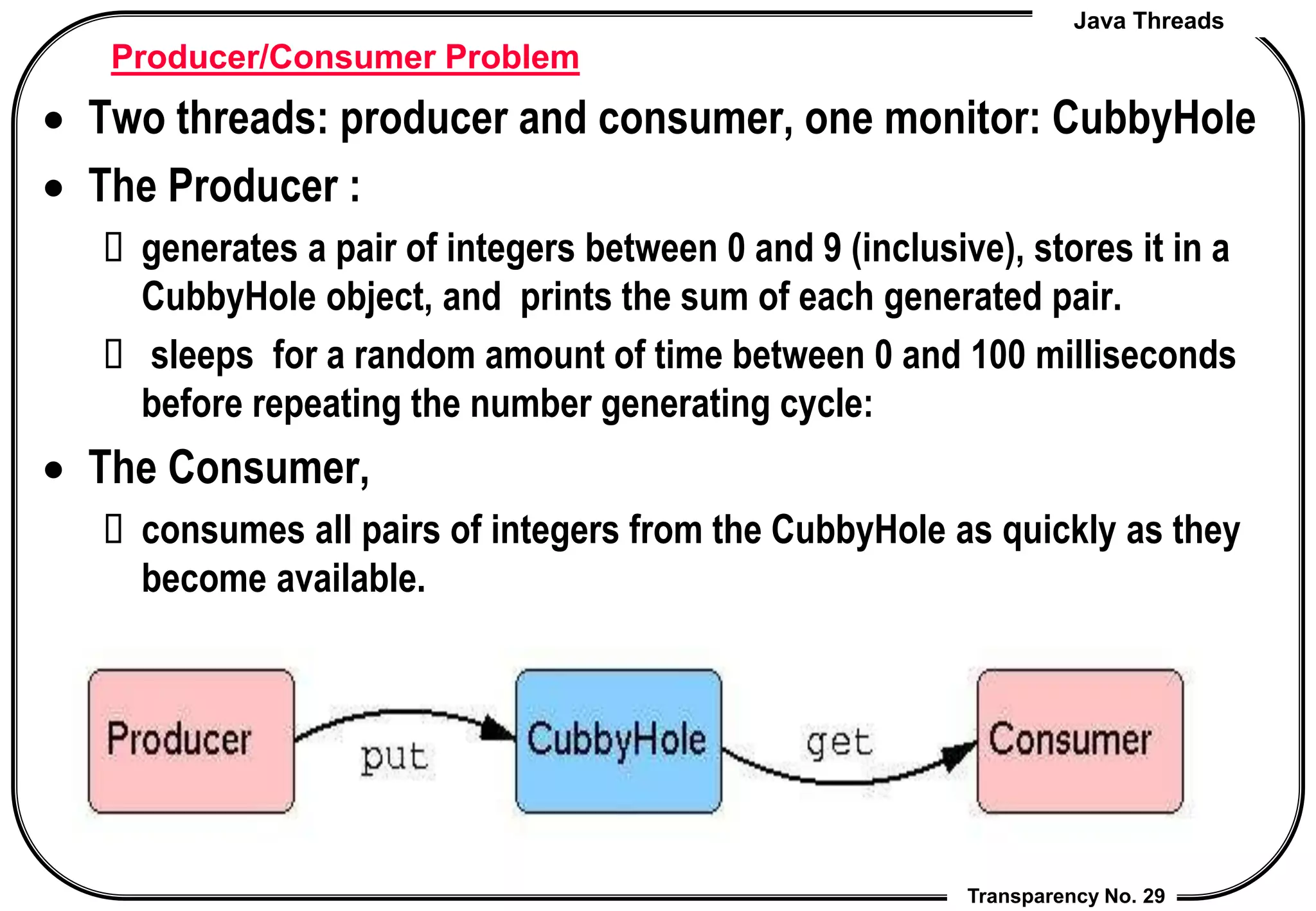 Java Threads
Transparency No. 29
Producer/Consumer Problem
 Two threads: producer and consumer, one monitor: CubbyHole
 The Producer :
 generates a pair of integers between 0 and 9 (inclusive), stores it in a
CubbyHole object, and prints the sum of each generated pair.
 sleeps for a random amount of time between 0 and 100 milliseconds
before repeating the number generating cycle:
 The Consumer,
 consumes all pairs of integers from the CubbyHole as quickly as they
become available.
 