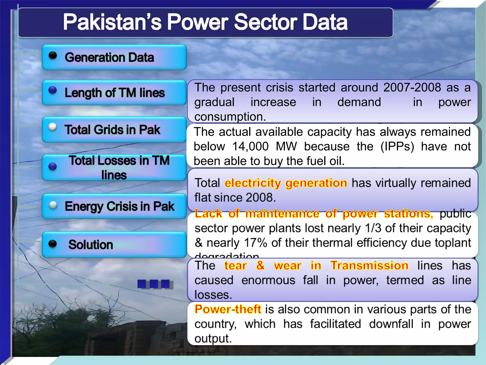 The present crisis started around 2007-2008 as a 
gradual  increase  in  demand    in  power 
consumption. 
The present crisis started around 2007-2008 as a 
gradual  increase  in  demand    in  power 
consumption. 
The actual available capacity has always remained 
below  14,000  MW  because  the  (IPPs)  have  not 
been able to buy the fuel oil.
The actual available capacity has always remained 
below  14,000  MW  because  the  (IPPs)  have  not 
been able to buy the fuel oil.
 