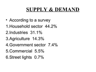 SUPPLY & DEMAND
• According to a survey
1.Household sector 44.2%
2.Industries 31.1%
3.Agriculture 14.3%
4.Government sector 7.4%
5.Commercial 5.5%
6.Street lights 0.7%
 