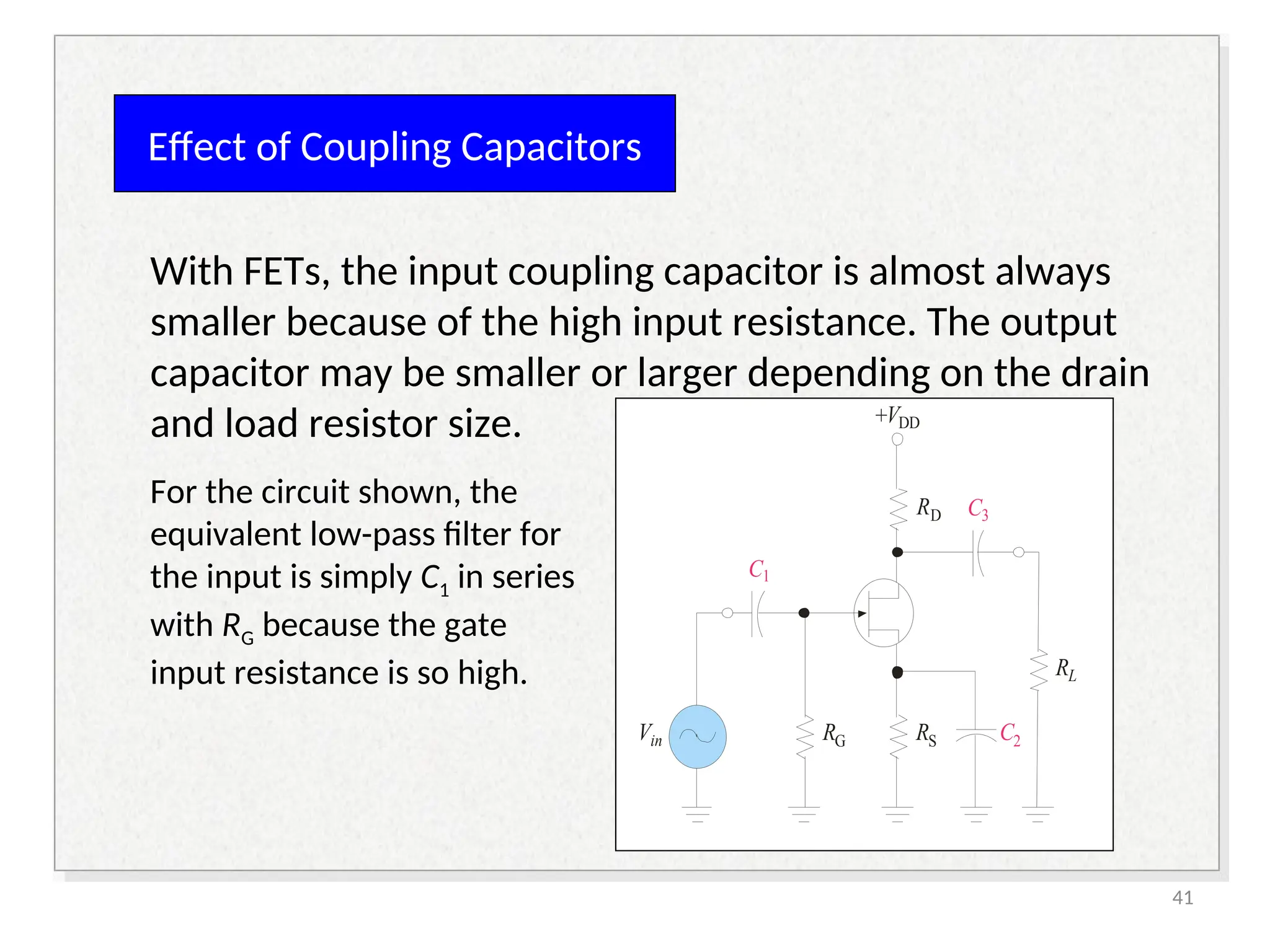 Effect of Coupling Capacitors
With FETs, the input coupling capacitor is almost always
smaller because of the high input resistance. The output
capacitor may be smaller or larger depending on the drain
and load resistor size.
RD
+VDD
RG
Vin RS
RL
C3
C1
C2
For the circuit shown, the
equivalent low-pass filter for
the input is simply C1 in series
with RG because the gate
input resistance is so high.
41
 