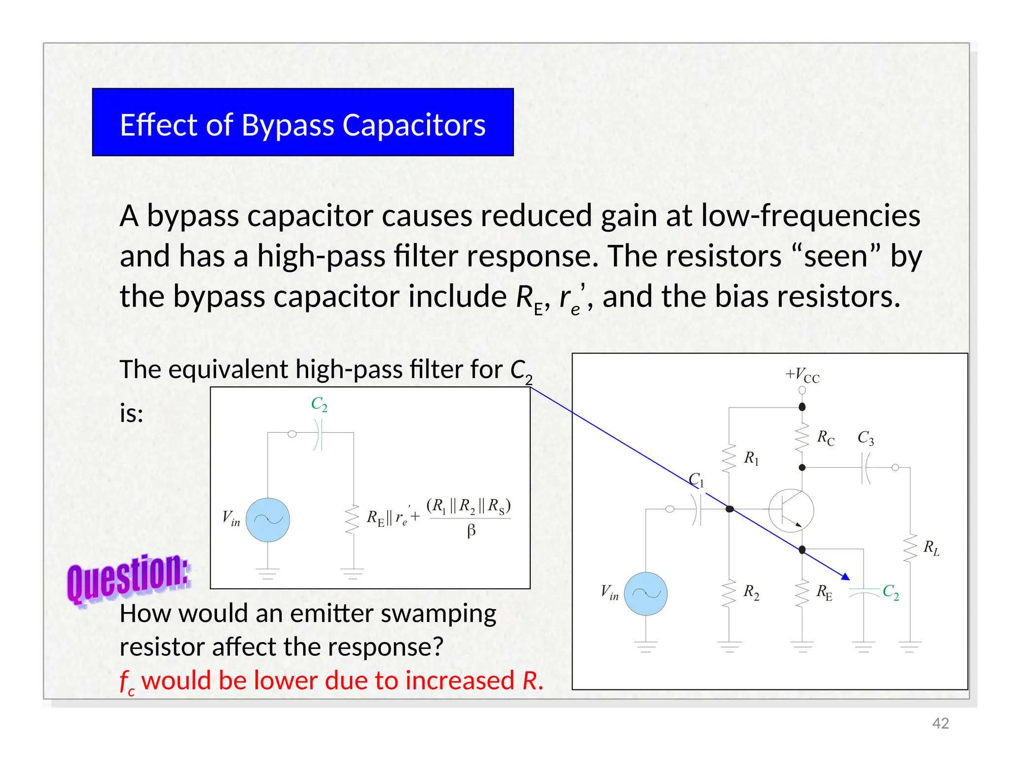 Effect of Bypass Capacitors
A bypass capacitor causes reduced gain at low-frequencies
and has a high-pass filter response. The resistors “seen” by
the bypass capacitor include RE, re’, and the bias resistors.
RC
+VCC
R2
Vin
R1
RE
RL
C1
C3
2
C
The equivalent high-pass filter for C2
is:
How would an emitter swamping
resistor affect the response?
fc would be lower due to increased R.
RE
Vin
C2
|| r +
e
' R R R
( || || )
1 2 S
b
42
 