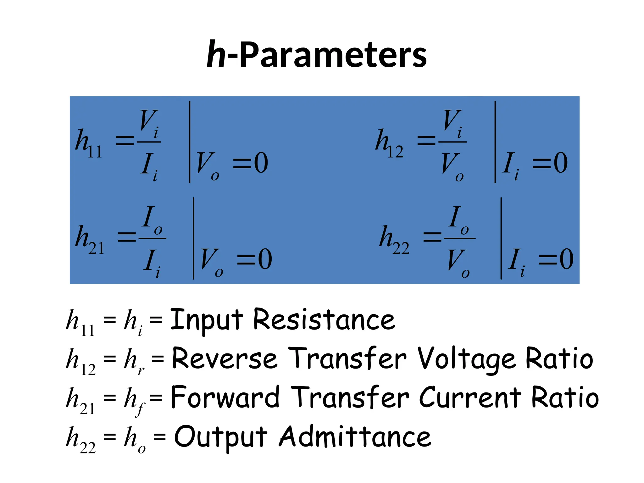 11 12
21 22
0 0
0 0
i i
o i
i o
o o
o i
i o
V V
h h
V I
I V
I I
h h
V I
I V
 
 
 
 
h-Parameters
h11 = hi = Input Resistance
h12 = hr = Reverse Transfer Voltage Ratio
h21 = hf = Forward Transfer Current Ratio
h22 = ho = Output Admittance
 
