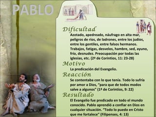 Dificultad Azotado, apedreado, náufrago en alta mar, peligros de ríos, de ladrones, entre los judíos, entre los gentiles, entre falsos hermanos. Trabajos, fatigas, desvelos, hambre, sed, ayuno, frío, desnudez. Preocupación por todas las iglesias, etc. (2ª de Corintios, 11: 23-28) Motivo La predicación del Evangelio. Reacción Se contentaba con lo que tenía. Todo lo sufría por amor a Dios, “para que de todos modos salve a algunos” (1ª de Corintios, 9: 22) Resultado El Evangelio fue predicado en todo el mundo conocido. Pablo aprendió a confiar en Dios en cualquier situación. “Todo lo puedo en Cristo que me fortalece” (Filipenses, 4: 13) PABLO 