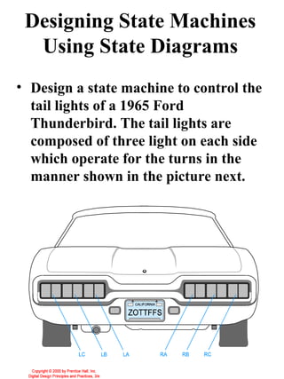 Designing State Machines
  Using State Diagrams
• Design a state machine to control the
  tail lights of a 1965 Ford
  Thunderbird. The tail lights are
  composed of three light on each side
  which operate for the turns in the
  manner shown in the picture next.
 