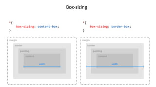 Box-sizing
*{
box-sizing: border-box;
}
*{
box-sizing: content-box;
}
 