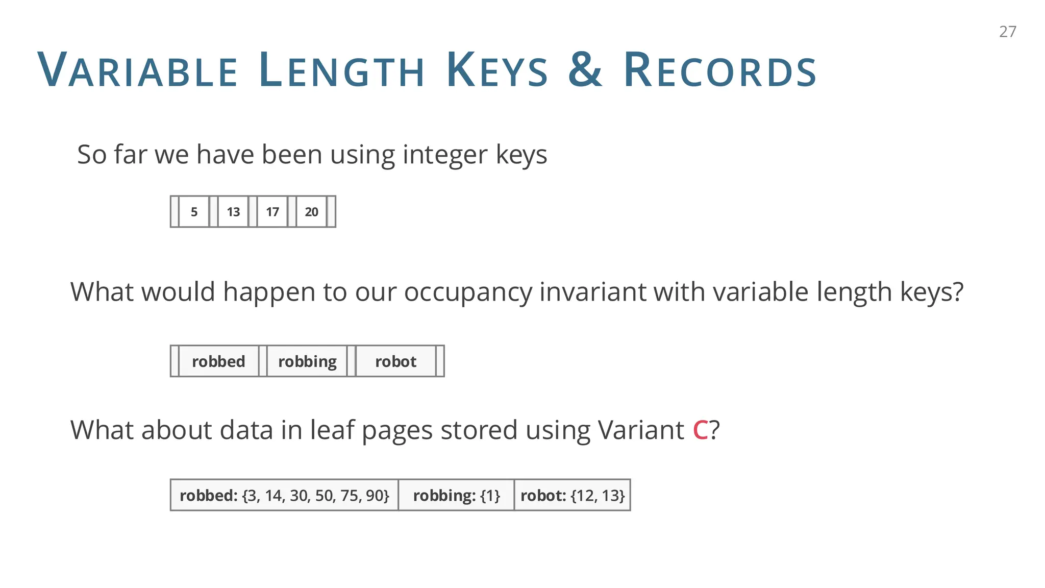 VARIABLE LENGTH KEYS & RECORDS
So far we have been using integer keys
What would happen to our occupancy invariant with variable length keys?
What about data in leaf pages stored using Variant C?
27
5 13 17 20
robbed robbing robot
robbed: {3, 14, 30, 50, 75, 90} robbing: {1} robot: {12, 13}
 