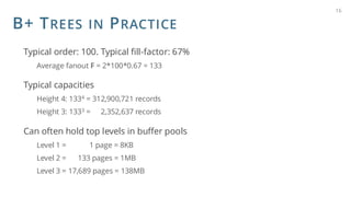 B+ TREES IN PRACTICE
Typical order: 100. Typical fill-factor: 67%
Average fanout F = 2*100*0.67 = 133
Typical capacities
Height 4: 1334 = 312,900,721 records
Height 3: 1333 = 2,352,637 records
Can often hold top levels in buffer pools
Level 1 = 1 page = 8KB
Level 2 = 133 pages = 1MB
Level 3 = 17,689 pages = 138MB
16
 