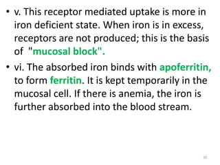 • v. This receptor mediated uptake is more in
  iron deficient state. When iron is in excess,
  receptors are not produced; this is the basis
  of "mucosal block".
• vi. The absorbed iron binds with apoferritin,
  to form ferritin. It is kept temporarily in the
  mucosal cell. If there is anemia, the iron is
  further absorbed into the blood stream.



                                               20
 