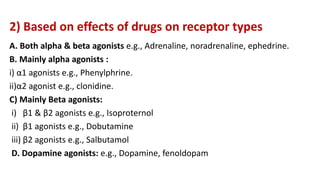 2) Based on effects of drugs on receptor types
A. Both alpha & beta agonists e.g., Adrenaline, noradrenaline, ephedrine.
B. Mainly alpha agonists :
i) α1 agonists e.g., Phenylphrine.
ii)α2 agonist e.g., clonidine.
C) Mainly Beta agonists:
i) β1 & β2 agonists e.g., Isoproternol
ii) β1 agonists e.g., Dobutamine
iii) β2 agonists e.g., Salbutamol
D. Dopamine agonists: e.g., Dopamine, fenoldopam
 