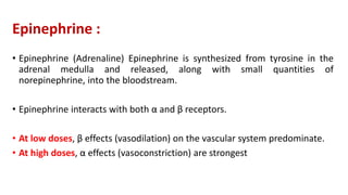 Epinephrine :
• Epinephrine (Adrenaline) Epinephrine is synthesized from tyrosine in the
adrenal medulla and released, along with small quantities of
norepinephrine, into the bloodstream.
• Epinephrine interacts with both α and β receptors.
• At low doses, β effects (vasodilation) on the vascular system predominate.
• At high doses, α effects (vasoconstriction) are strongest
 