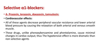 Selective α1-blockers:
• A- Prazosin, terazosin, doxazosin, tamsulosin:
• Cardiovascular effects:
• All of these agents decrease peripheral vascular resistance and lower arterial
blood pressure by causing the relaxation of both arterial and venous smooth
muscle.
• These drugs, unlike phenoxybenzamine and phentolamine, cause minimal
changes in cardiac output; thus The hypotensive effect is more dramatic than
non selective agents
 