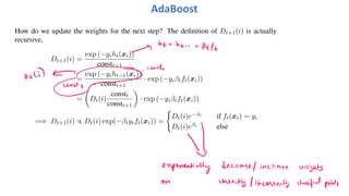 How do we update the weights for the next step? The definition of Dt+1(i) is actually
recursive,
Dt+1(i) =
exp (−yiht(xi))
constt+1
=
exp (−yiht−1(xi))
constt+1
· exp (−yiβtft(xi))
=
!
Dt(i)
constt
constt+1
"
· exp (−yiβtft(xi))
=⇒ Dt+1(i) ∝ Dt(i) exp(−βtyift(xi)) =
#
Dt(i)e−βt
if ft(xi) = yi
Dt(i)eβt
else
AdaBoost
 