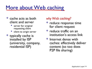 Application Layer 2-6
More about Web caching
 cache acts as both
client and server
 server for original
requesting client
 client to origin server
 typically cache is
installed by ISP
(university, company,
residential ISP)
why Web caching?
 reduce response time
for client request
 reduce traffic on an
institution’s access link
 Internet dense with
caches: effectively deliver
content (so too does
P2P file sharing)
 