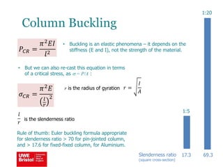 Column Buckling
• Buckling is an elastic phenomena – it depends on the
stiffness (E and I), not the strength of the material.𝑃𝐶𝑅 =
𝜋2
𝐸𝐼
𝑙2
• But we can also re-cast this equation in terms
of a critical stress, as s = P/A :
𝜎 𝐶𝑅 =
𝜋2 𝐸
𝑙
𝑟
2
r is the radius of gyration 𝑟 =
𝐼
𝐴
𝑙
𝑟
is the slenderness ratio
17.3 69.3Slenderness ratio
(square cross-section)
1:5
1:20
Rule of thumb: Euler buckling formula appropriate
for slenderness ratio > 70 for pin-jointed column,
and > 17.6 for fixed-fixed column, for Aluminium.
 