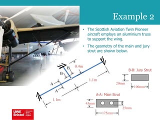 Example 2
• The Scottish Aviation Twin Pioneer
aircraft employs an aluminium truss
to support the wing.
• The geometry of the main and jury
strut are shown below.
1.1m
0.4m
1.1m
A
A
B
B
A-A: Main Strut
45mm
175mm
25mm
B-B: Jury Strut
20mm
100mm
 