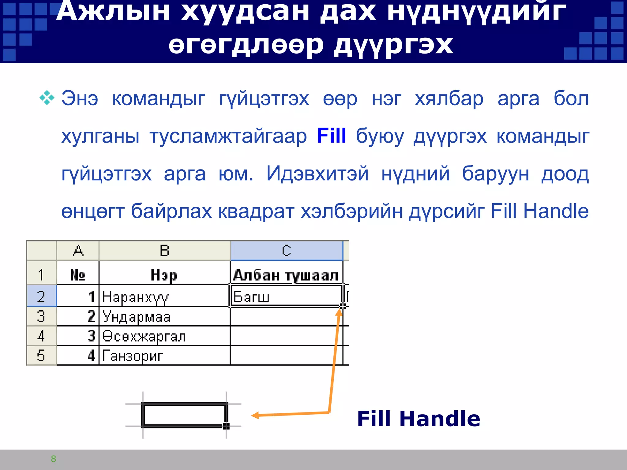 Ажлын хуудсан дах нүднүүдийг
өгөгдлөөр дүүргэх
 Энэ командыг гүйцэтгэх өөр нэг хялбар арга бол

хулганы тусламжтайгаар Fill буюу дүүргэх командыг
гүйцэтгэх арга юм. Идэвхитэй нүдний баруун доод
өнцөгт байрлах квадрат хэлбэрийн дүрсийг Fill Handle

гэж нэрлэдэг.

Fill Handle
8

 