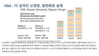 VGG : 더 깊어진 신경망, 일반화된 설계
▪ 이번에는 두 합성곱 계층을 쌓은 경우를 봅시다. 각 합성곱 계층은 커널 사이즈는 3 x 3으로 입력 채널이 C, 출력 채널도 C입니다. 이
전 장에서 수용장 receptive field에 대해 이야기했듯이 3 x 3 합성곱 계층을 2개 쌓은 경우와 5 x 5 크기의 합성곱 계층의 경우 입력에서
볼수 있는 수용장의 크기가 얼마나 되는가의 관점에서 본다면, 이 5 x 5 크기의 합성곱 계층과 3 x 3 크기의 합성곱 계층 두 개는 똑같이
입력에서 25개의 값을 볼수 있어요.
 