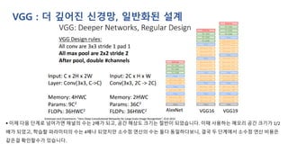 VGG : 더 깊어진 신경망, 일반화된 설계
▪ 이제 다음 단계로 넘어가면 채널의 수는 2배가 되고, 공간 해상도 크기는 절반이 되었습니다. 이때 사용하는 메모리 공간 크기가 1/2
배가 되었고, 학습할 파라미터의 수는 4배나 되었지만 소수점 연산의 수는 둘다 동일하다보니, 결국 두 단계에서 소수점 연산 비용은
같은걸 확인할수가 있습니다.
 