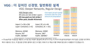 VGG : 더 깊어진 신경망, 일반화된 설계
▪ 위 VGG처럼 각 합성곱 계층의 소수점 연산 비용이 동일하도록 유지시키는 이 아이디어/설계 원칙들이 아주 많은 신경망 아키텍처
에서 사용되고 있고, 각 합성곱 단계의 끝에서 공간 크기를 그대로 두고 채널 수를 두배로 함으로서 사용할수가 있겠습니다.
 