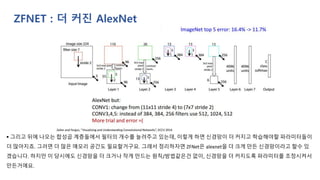 ZFNET : 더 커진 AlexNet
▪ 그리고 뒤에 나오는 합성곱 계층들에서 필터의 개수를 늘려주고 있는데, 이렇게 하면 신경망이 더 커지고 학습해야할 파라미터들이
더 많아지죠. 그러면 더 많은 매모리 공간도 필요할거구요. 그래서 정리하자면 ZFNet은 alexnet을 더 크게 만든 신경망이라고 할수 있
겠습니다. 하지만 이 당시에도 신경망을 더 크거나 작게 만드는 원칙/방법같은건 없이, 신경망을 더 커지도록 파라미터를 조정시켜서
만든거에요.
 
