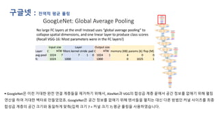 구글넷 : 전역적 평균 풀링
▪ GoogleNet은 이런 거대한 완전 연결 계층들을 제거하기 위해서, AlexNet과 VGG의 합성곱 계층 끝에서 공간 정보를 없애기 위해 펼침
연산을 하여 거대한 벡터로 만들었었죠. GoogleNet은 공간 정보를 없애기 위해 텐서들을 펼치는 대신 다른 방법인 커널 사이즈를 최종
합성곱 계층의 공간 크기와 동일하게 맞춰(입력 크기 7 = 커널 크기 7) 평균 풀링을 사용하였습니다.
 