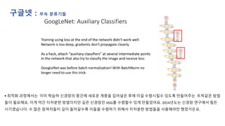 구글넷 : 부속 분류기들
▪ 최적화 과정에서는 이미 학습하 신경망의 중간에 새로운 계층을 집어넣은 후에 이걸 수렴시킬수 있도록 만들어주는 트릭같은 방법
들이 필요해요. 이게 약간 지저분한 방법이지만 깊은 신경망인 VGG를 수렴할수 있게 만들었어요. 2014년도는 신경망 연구에서 힘든
시기였습니다. 수 많은 참여자들이 깊이 들어갈수록 이들을 수렴하기 위해서 지저분한 방법들을 사용해야만 했었거든요.
 